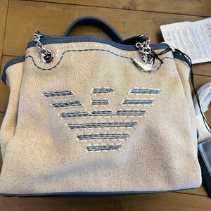 Emporio Armani Beige Canvas Tote with Blue Trim and Logo
